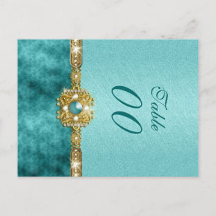 Damask "bordsnummer" bröllop teal guld vykort