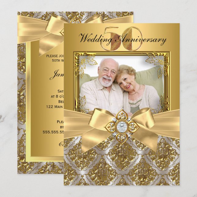 Damask & Bow Foto Guld 50-årsjubileum Inbjudan (Fram/baksida)