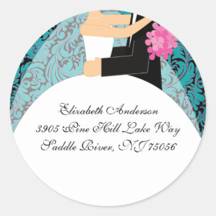 Damask Bride & Groom Adress Sticker Turcos Runt Klistermärke