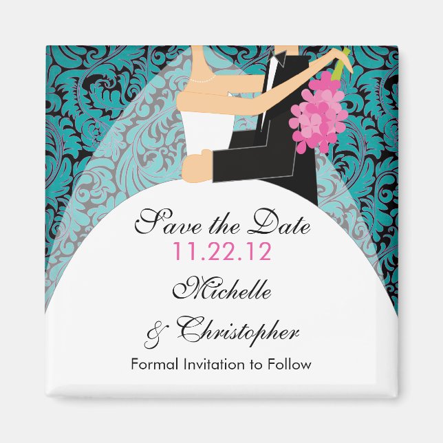 Damask Bride & Groom Spara datum magneter (Framsidan)
