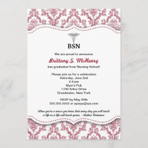 Damask Burgundy Nurse pinning studenten BSN RN Inbjudningar