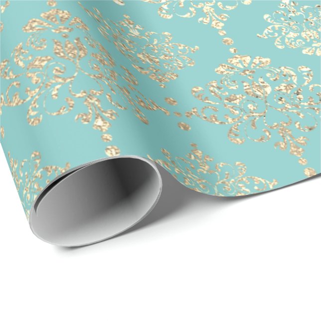 Damask Champagne Guld Royal Metallic Aqua Presentpapper (Rullad Hörn)