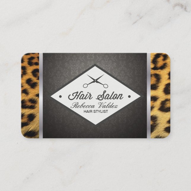 Damask / Cheetah Print / Silver Trim Visitkort (Framsida)
