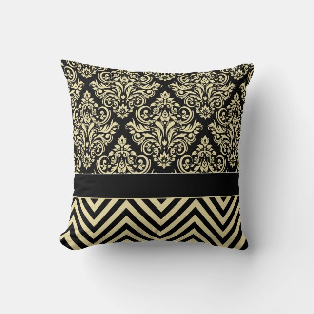 Damask Chevron - svart elfenben Kudde (Framsida)