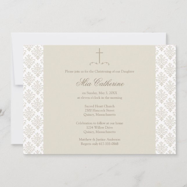 Damask Cream Kor Christening/Baptism Inbjudningar (Framsida)