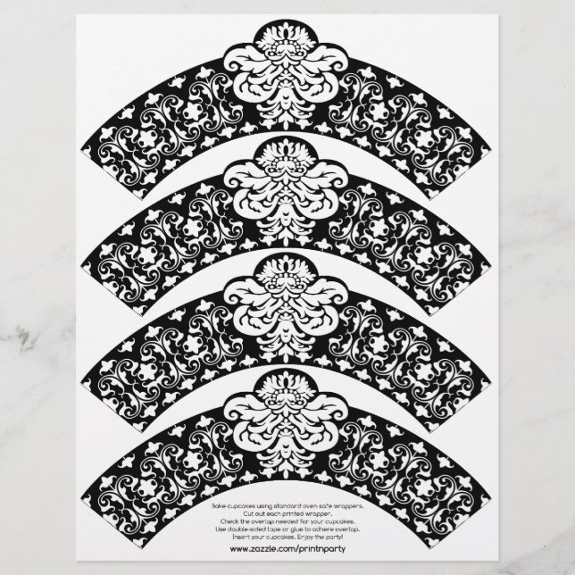 Damask Cupkaka Wrapper White på Black (Framsida)