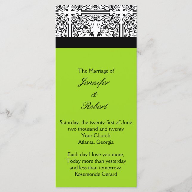 Damask Delight in Lime Green Bröllopsprogram Program (Framsida)