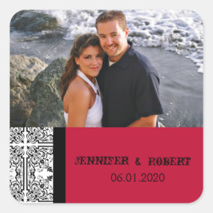 Damask Delight Scarlet Red Wedding Favor Sticker Fyrkantigt Klistermärke