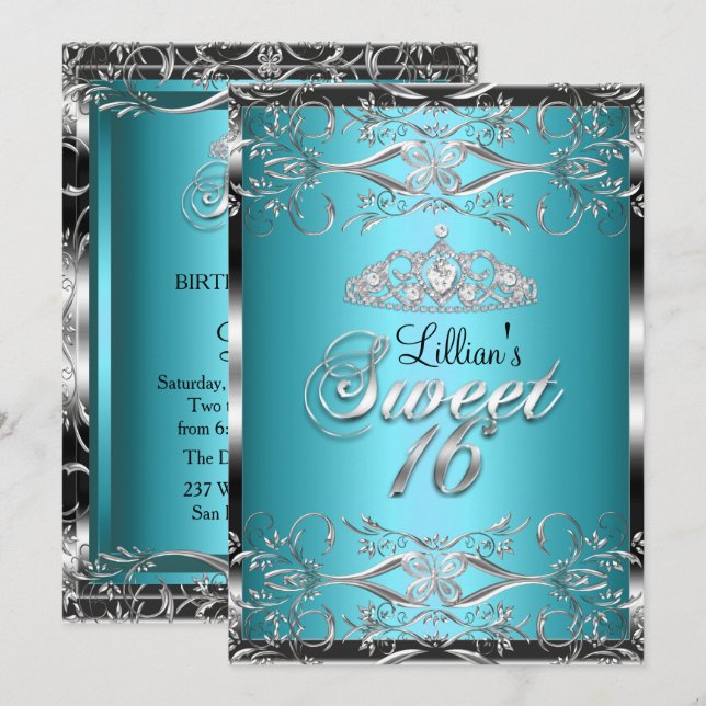 Damask & Diamant Tiara Blå Silver Sweet 16 Inbjuda Inbjudningar (Fram/baksida)