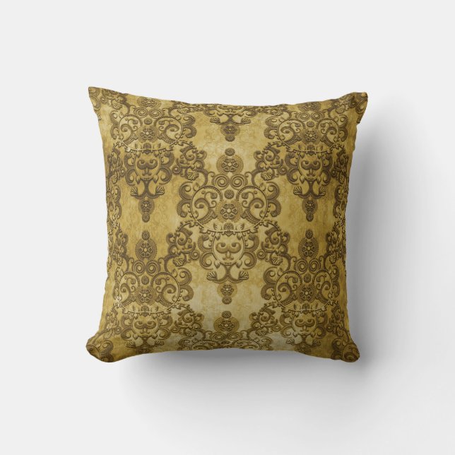Damask Distress Rustic Mörk Gult Guld Kudde (Framsida)