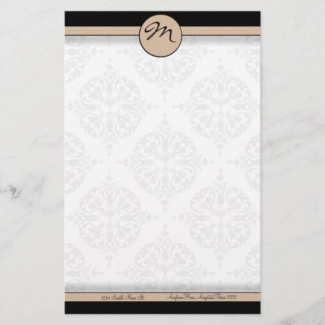 Damask Dubbla Line Beige Monogram Stationery Brevpapper (Framsida)