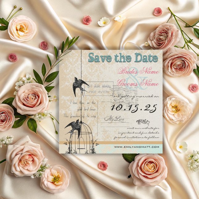 Damask Fågelbur Bröllop Save the Date Rosa Grön Spara Datumet (Skapare uppladdad)