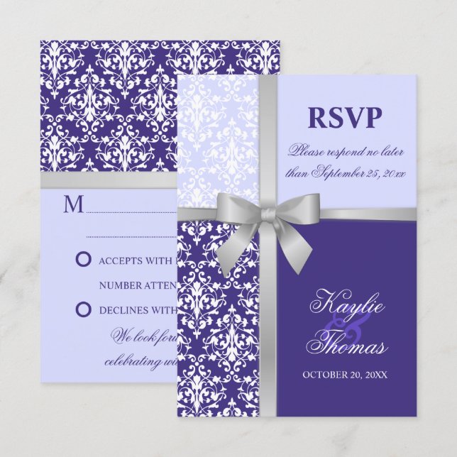 Damask Fals Silver Band Lila Bröllop RSVP-kort Inbjudningar (Fram/baksida)