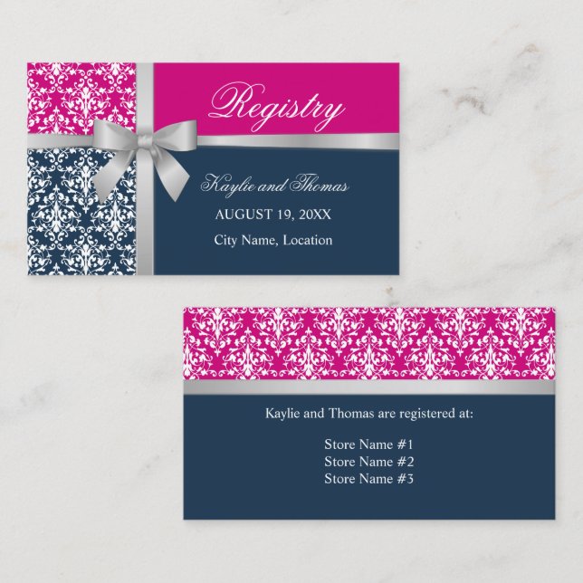 Damask Fals Silverband Navyblå Fuchsia Insats Visitkort (Fram/baksida)