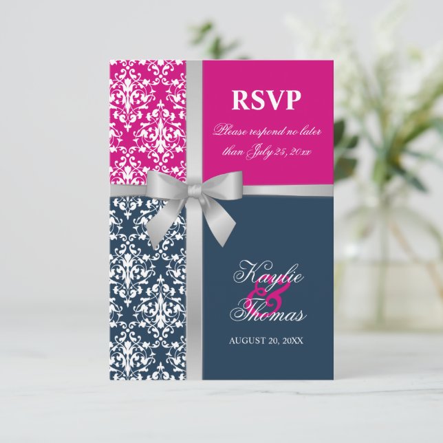 Damask falskt silverband Navy bröllop RSVP OSA Kort (Stående Fram)