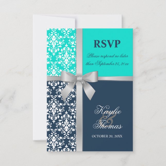 Damask Falskt Silverband Navy Bröllop RSVP OSA Kort (Framsida)