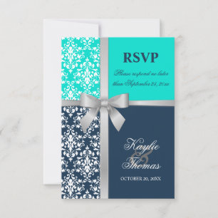 Damask Falskt Silverband Navy Bröllop RSVP OSA Kort