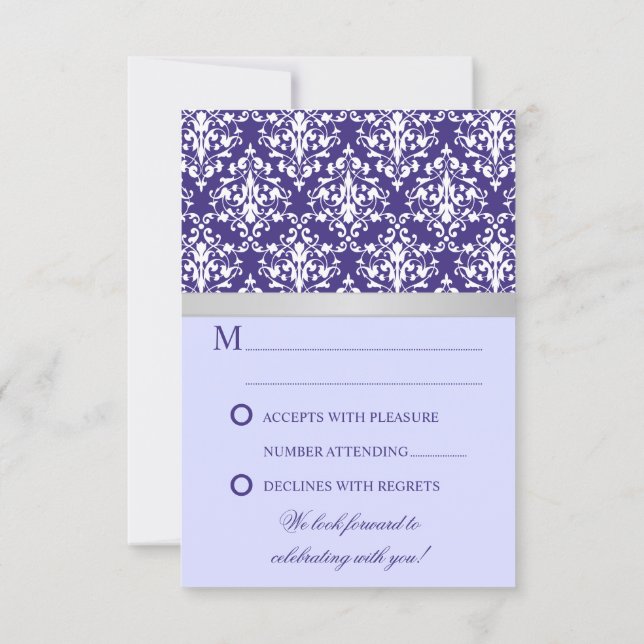 Damask Faux Silver Ribbon Lila Bröllop OSA Card Inbjudningar (Baksida)