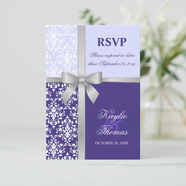 Damask Faux Silver Ribbon Lila Bröllop OSA Card Inbjudningar (Stående Fram)