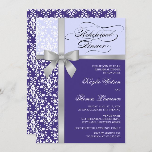 Damask Faux Silver Ribbon Lila Rehearsal Dinner Inbjudningar (Fram/baksida)