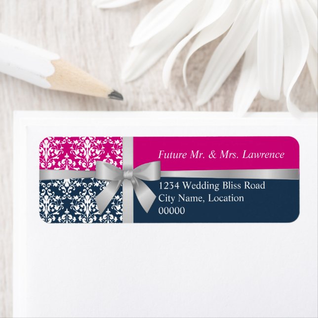 Damask Faux Silver Ribbon Navy Blue Fuchsia Label Returadress Etikett (Insitu)