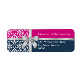 Damask Faux Silver Ribbon Navy Blue Fuchsia Label Returadress Etikett