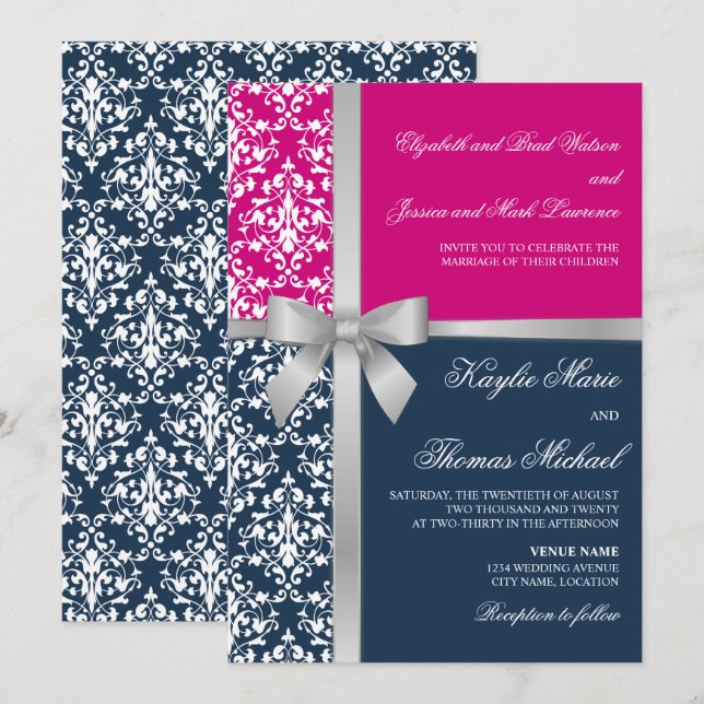 Damask Faux Silver Ribbon Navy Fuchsia Bröllop Inbjudningar (Fram/baksida)