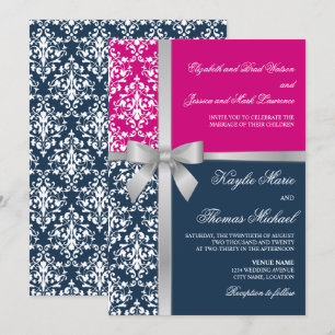 Damask Faux Silver Ribbon Navy Fuchsia Bröllop Inbjudningar