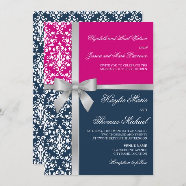 Damask Faux Silver Ribbon Navy Fuchsia Bröllop Inbjudningar (Fram/baksida)
