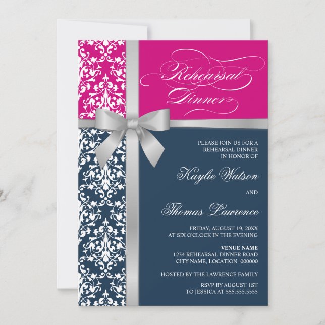 Damask Faux Silver Ribbon Rehearsal Dinner Inbjudningar (Framsida)