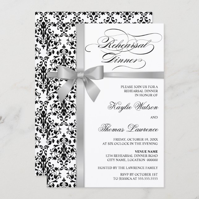Damask Faux Silver Ribbon Rehearsal Dinner Inbjudningar (Fram/baksida)