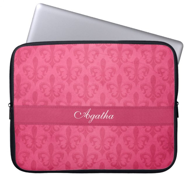 Damask fleur de lis som heter mörk rosa laptop fod sleeve (Framsidan)