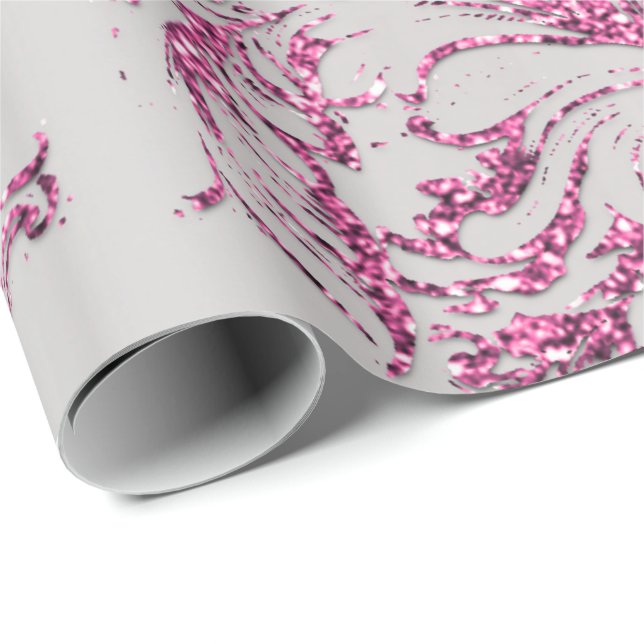 Damask Fuchsia Rosa Metallic Grått Glitter Cottage Presentpapper (Rullad Hörn)