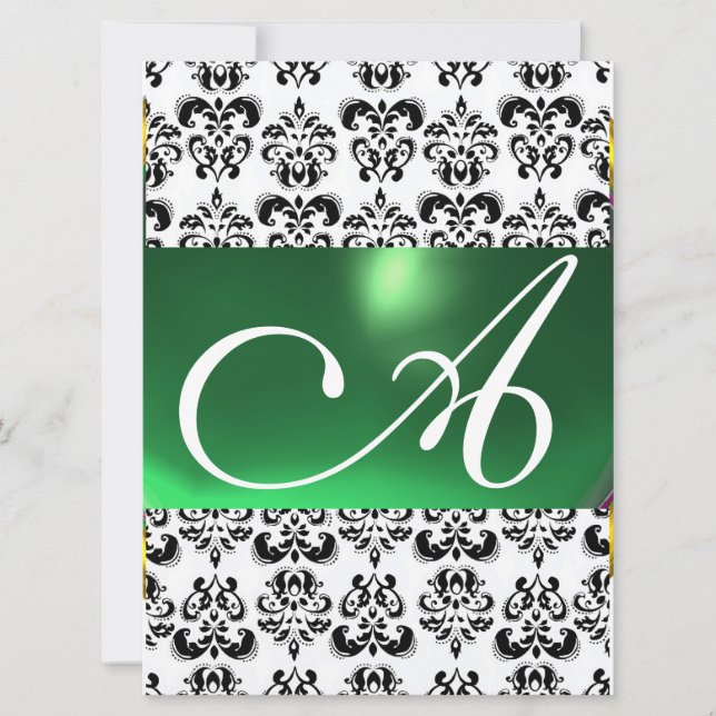 DAMASK GEM MONOGRAM grön vit Inbjudningar (Framsida)