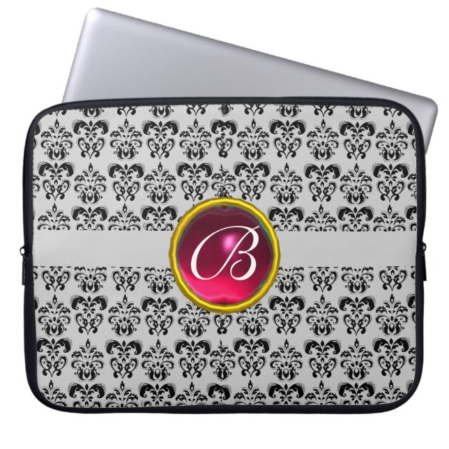DAMASK GEM STONE MONOGRAM grått fuchsia black Laptop Fodral (Framsidan)