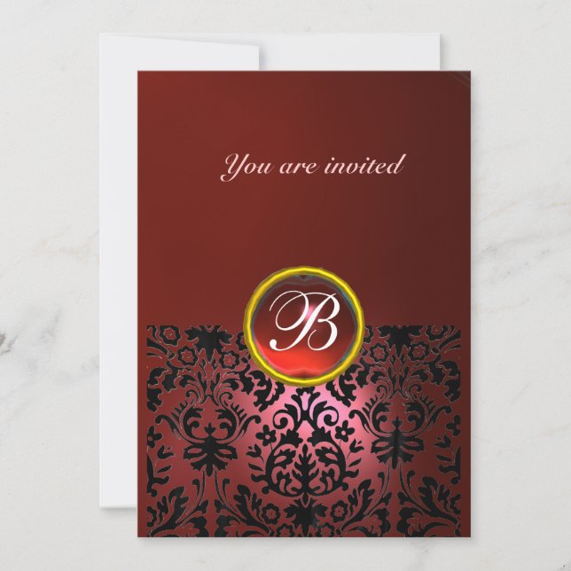 DAMASK GEM STONE MONOGRAM ruby Red Inbjudningar (Framsida)