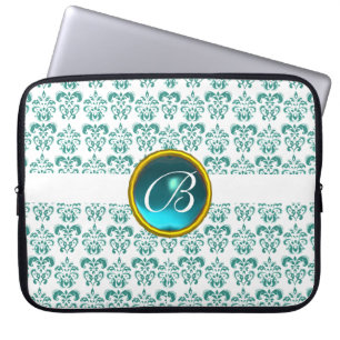 DAMASK GEM STONE MONOGRAM, vitt blått Laptop Sleeve