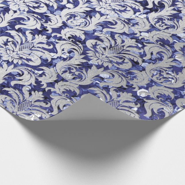 Damask Glitter Blue Navy Silver Grått Royal Cottag Presentpapper (Hörn)