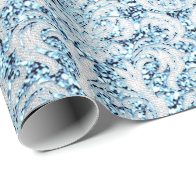 Damask Glitter Blue Silver Grått Royal  Lux Presentpapper (Rullad Hörn)