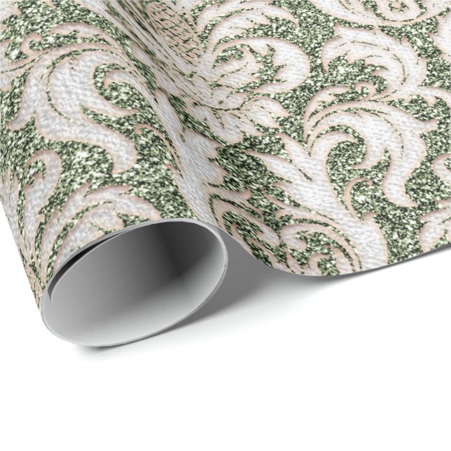 Damask Glitter Mint Silver Grått Royal-bomull Presentpapper (Rullad Hörn)