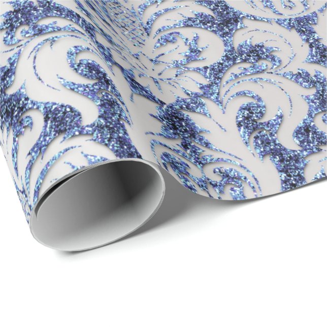Damask Glitter Silver Grått Royal  Sapphire Blue Presentpapper (Rullad Hörn)