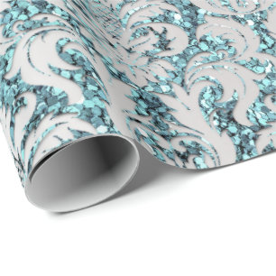 Damask Glitter Tiffany Silver Grått Royal Sequin Presentpapper