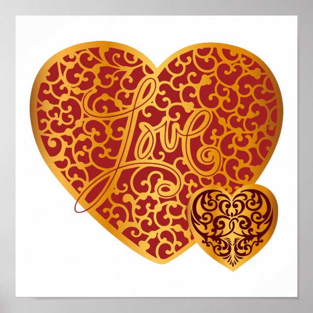 Damask Golden Kärlek Red Heart Poster (Framsidan)