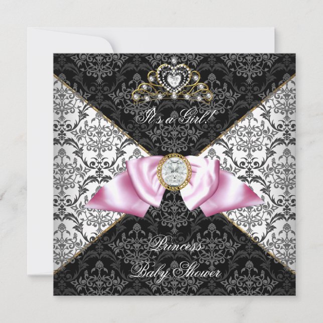 Damask Grått Baby Shower Girl Black Rosa Princess Inbjudningar (Framsida)