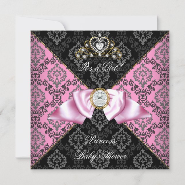 Damask Grått Black Rosa Princess Baby Shower Girl Inbjudningar (Framsida)