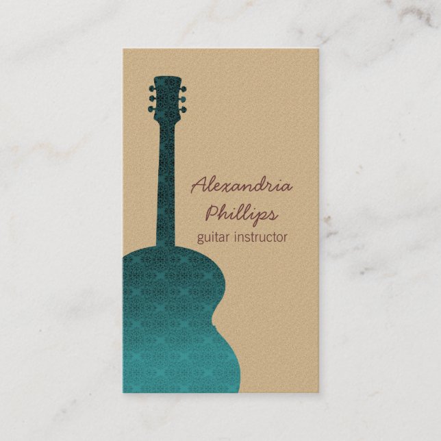 Damask Guitar Music Affärskort, Teal Visitkort (Framsida)
