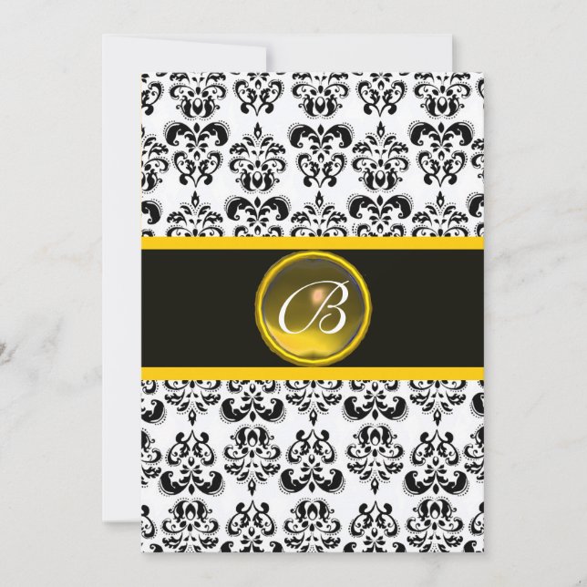 DAMASK GUL TOPAZ MONOGRAM,svart och vit Inbjudningar (Framsida)