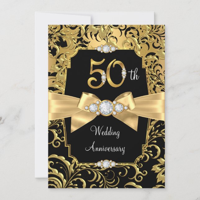 Damask Guld Bow svart Diamant 50-årsjubileum Inbjudningar (Framsida)
