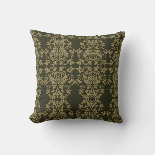 Damask Guld och Mörk Olive Decor Kudde (Framsida)