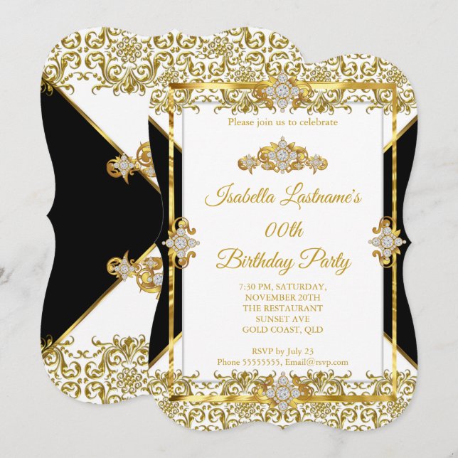 Damask Guld Svart Vit Diamant Födelsedagsfest Inbjudningar (Fram/baksida)